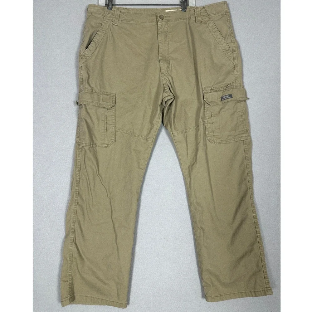 Wrangler Pants Mens 40X30 Tan Relaxed Fit Cargo Utility Stretch Flat Front Logo